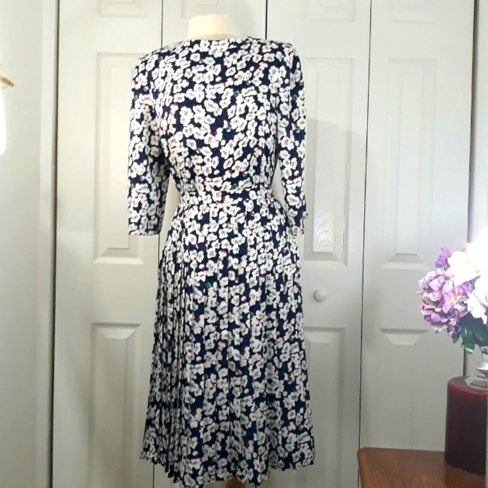 Vintage Lilli Ann Floral 3/4 Sleeve Blue White Pleated Set Skirt and Blouse Smal